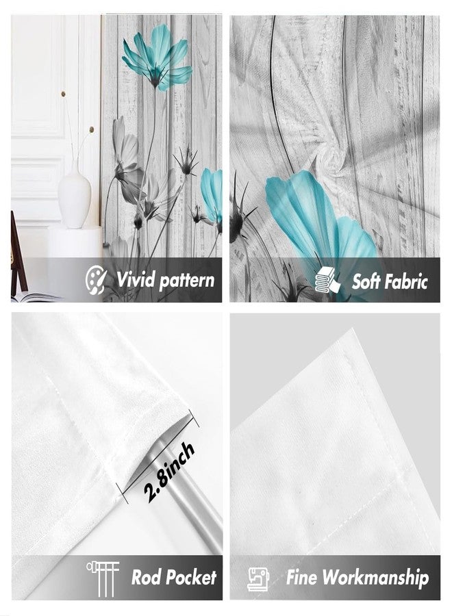 Kikiry Teal Floral Kitchen Curtains Mini 27.5''W x 39''L Patterned Gray Turquoise Flower Farmhouse Rustic Aqua Daisy Grey Short Small Cafe Room Rod Pocket Window Drapes Treatment Tiers Fabric 1 Pair - Image 2
